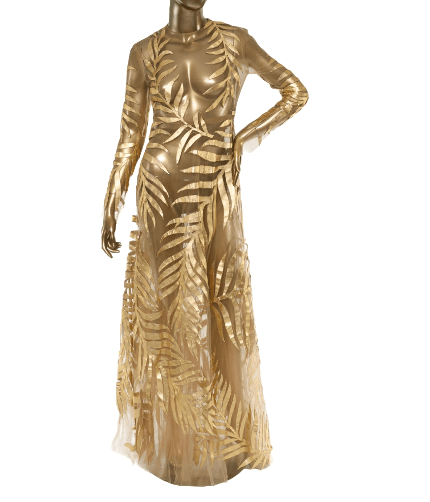 Valentino Long Sleeve Sheer Gold Leaf Print Gown