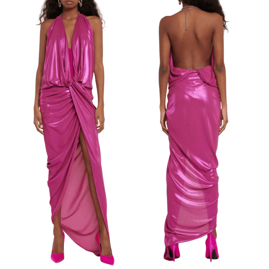 The Attico Halterneck Pink Lamé Maxi Dress
