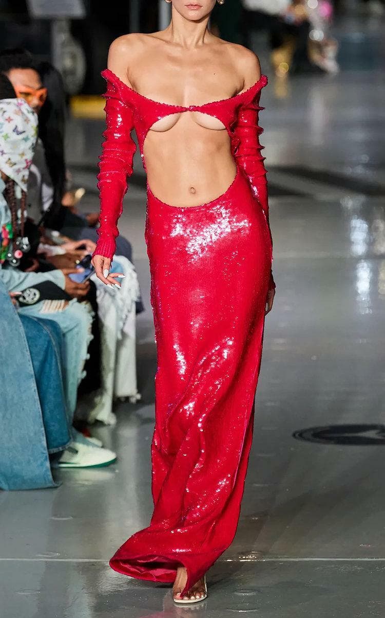 Laquan Smith Pink Sequined Cutout Off-shoulder Gown