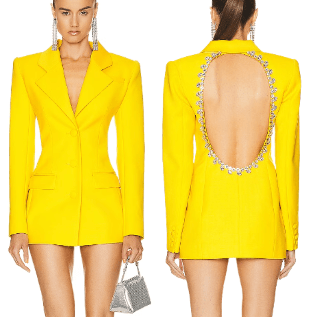 Area Yellow Blazer With Rhinestone Open Back