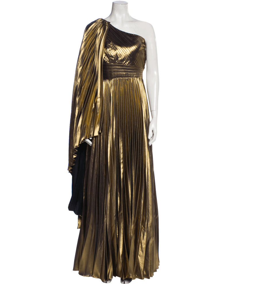 Marchesa Gold One Shoulder Pleated Gown