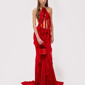 Blumarine Red Fringe Rose Top Skirt Set — image 1