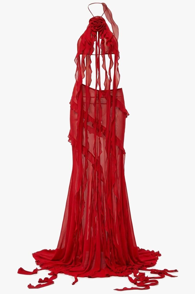 Blumarine Red Fringe Rose Top Skirt Set