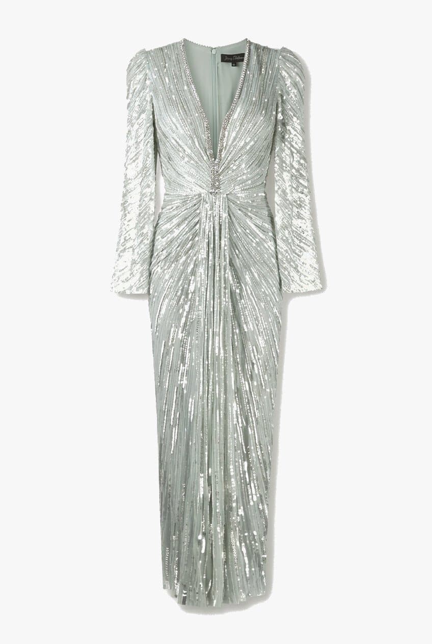 Jenny Packham Sage Green Sequin Embellished Long Sleeved Gown