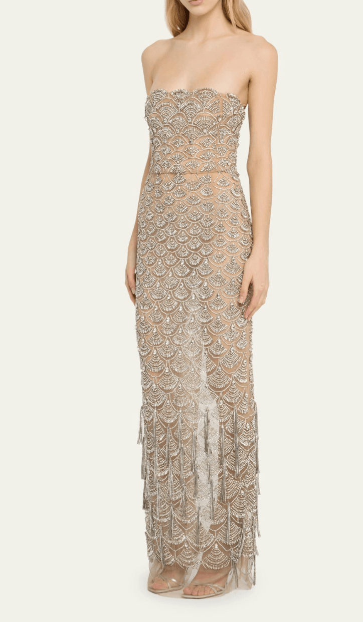 Oscar De La Renta Crystal Scallop Strapless Gown With Tassels
