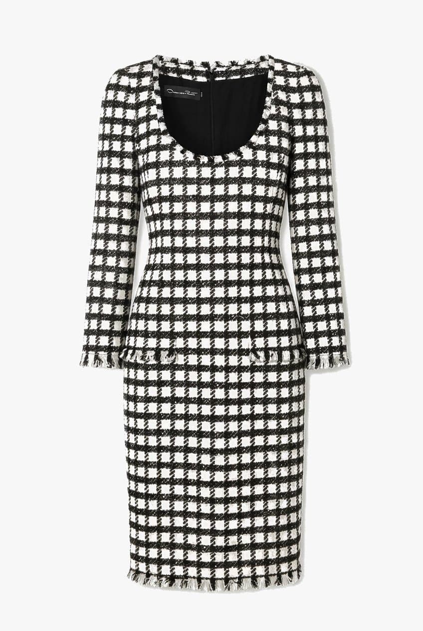 Oscar De La Renta Check Tweed Black And White Midi Dress