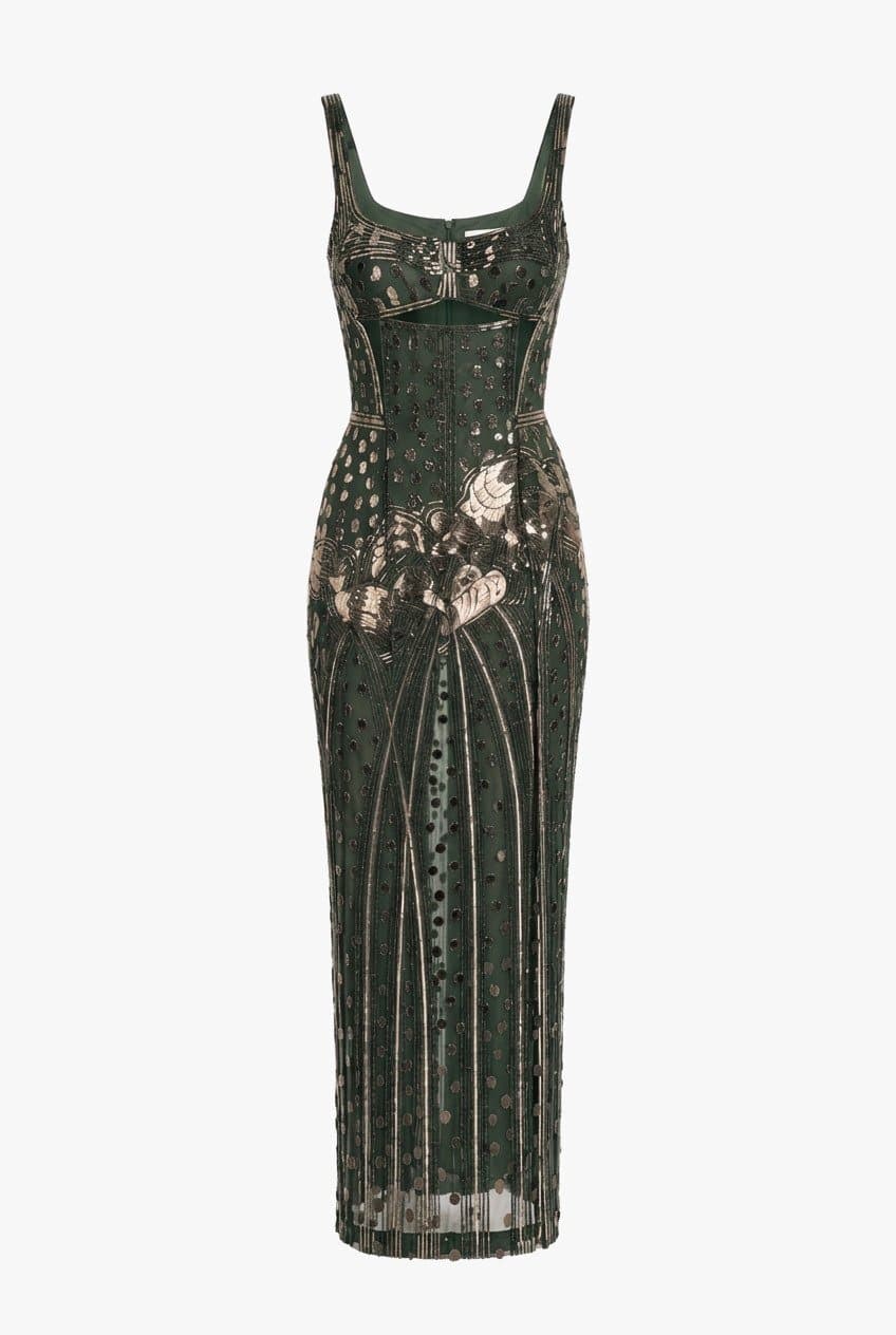 J Mendel Green Metallic Cut Out Gown