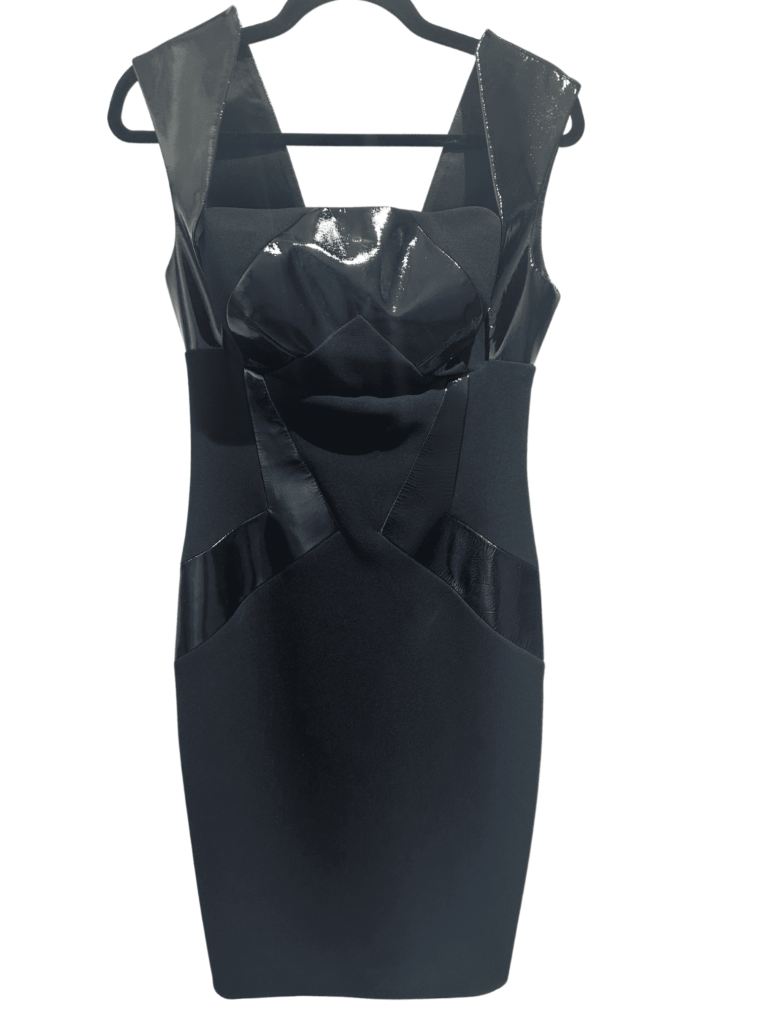 Rubin Singer Black Square Neck Knee Length Dress With Patent Leather Details