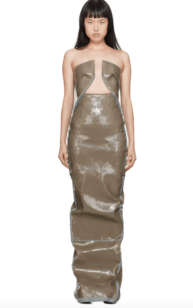 Rick Owens Prong Denim And Beige Sequin Column Dress