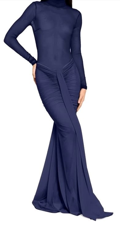 Laquan Smith Blue Mesh Body Suit And Maxi Skirt With Hand Draped Detail