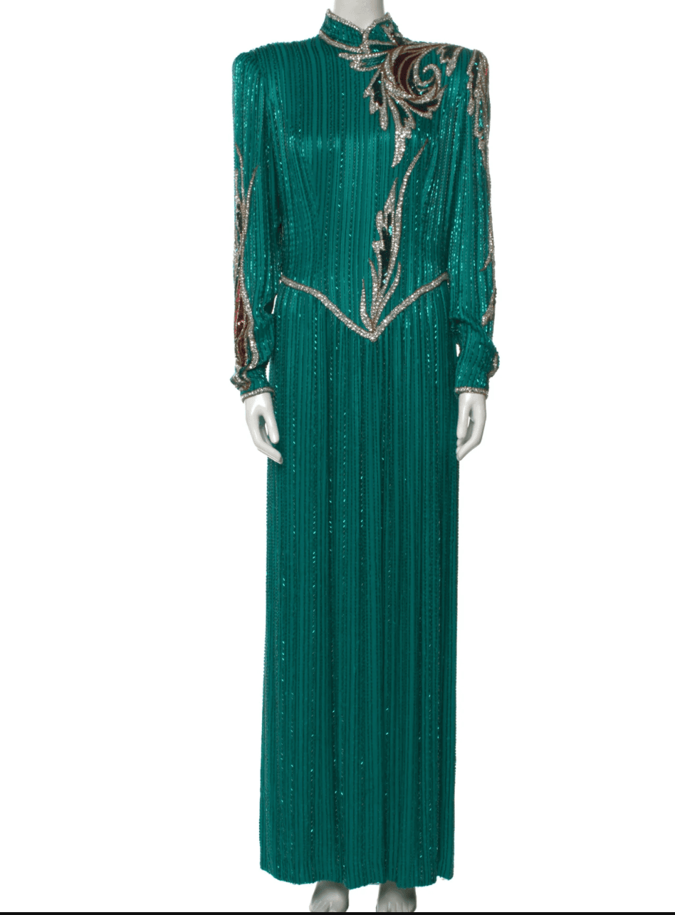 Bob Mackie Vintage 1980's Green Bugle Beaded Gown Large