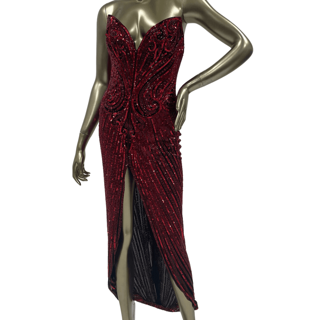 Vintage 80s Bob Mackie Red Embellished Strapless Dress
