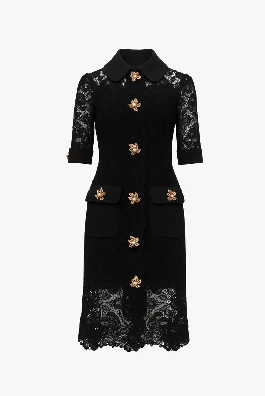 Dolce & Gabbana Embellished Lace Midi Dress With Gold Leaf Buttons
