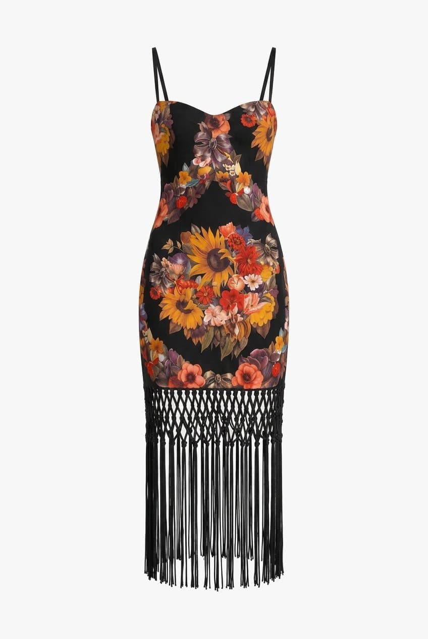 Roberto Cavalli Vintage Midi Dress Flowers And Tassles