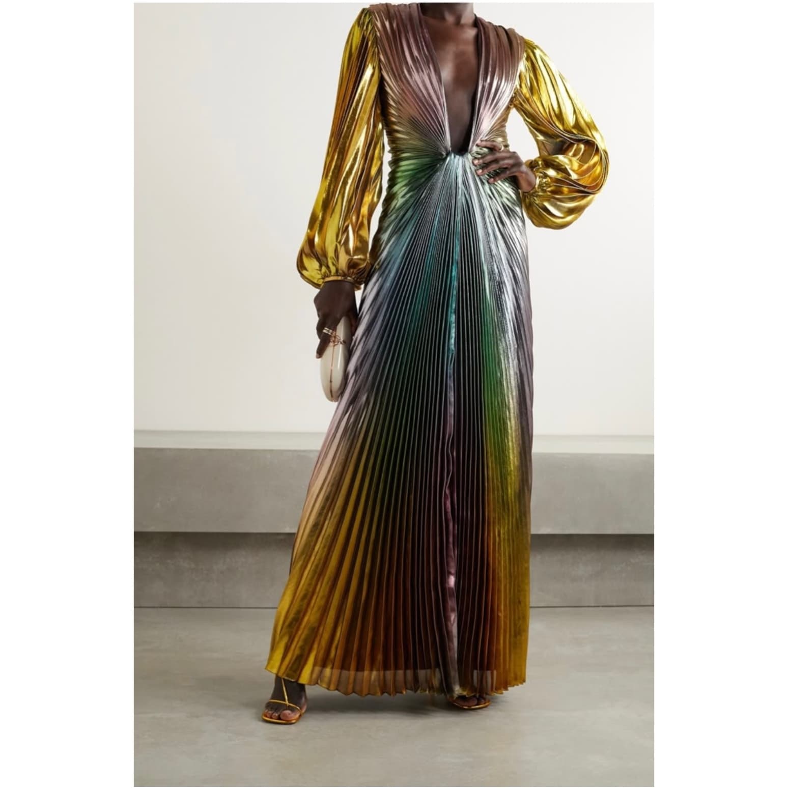 Reem Acra Fall 2020 Plunge Metallic Pleated Silk Lame Gown