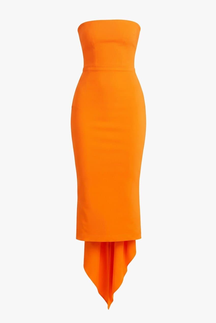 Alex Perry Orange Strapless Crepe Cocktail Midi Dress