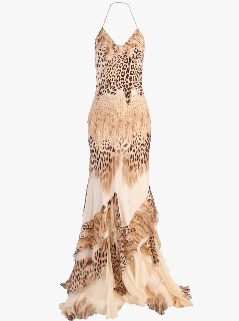 Roberto Cavalli Vintage Animal Print Silk Cowl Neck Gown