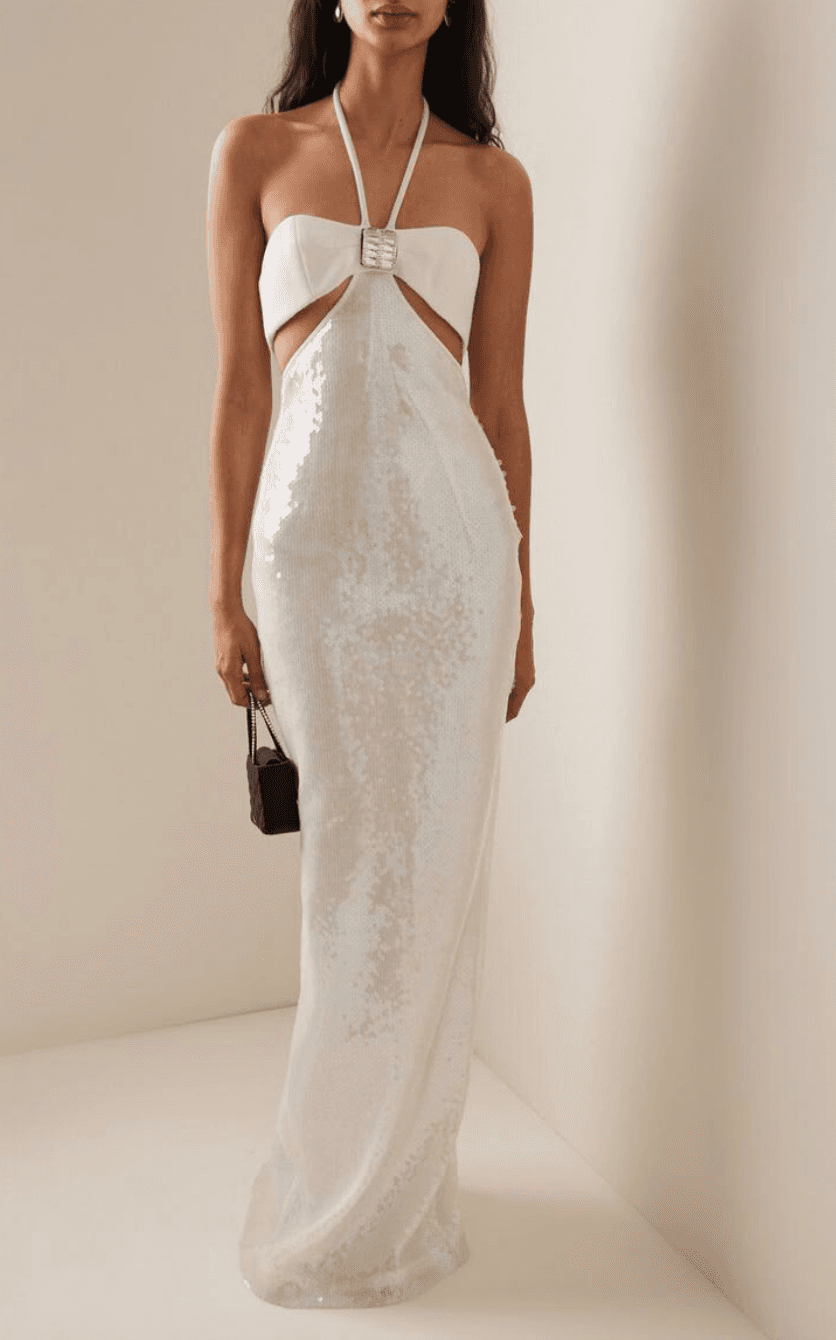 David Koma White Cutout Halter Gown With Sequins