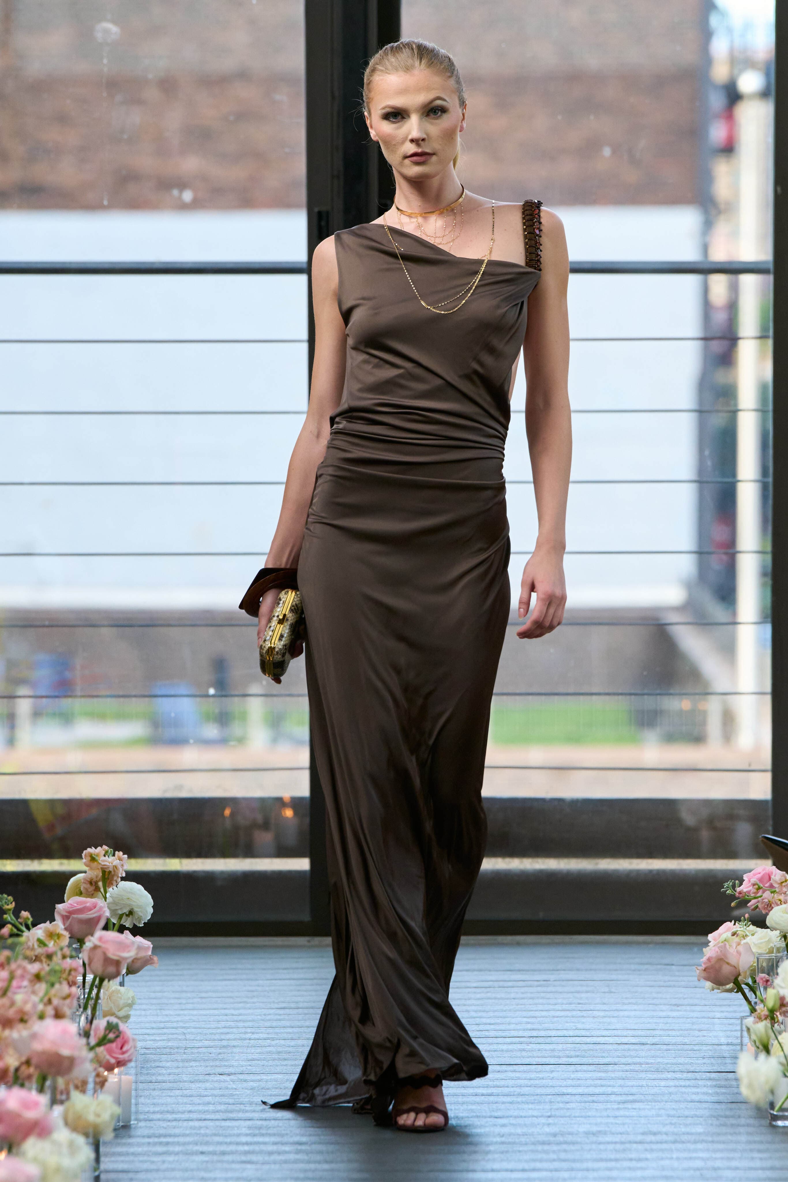 S/s 2005 Roberto Cavalli Runway Brown Backless Embellished High Slit Gown