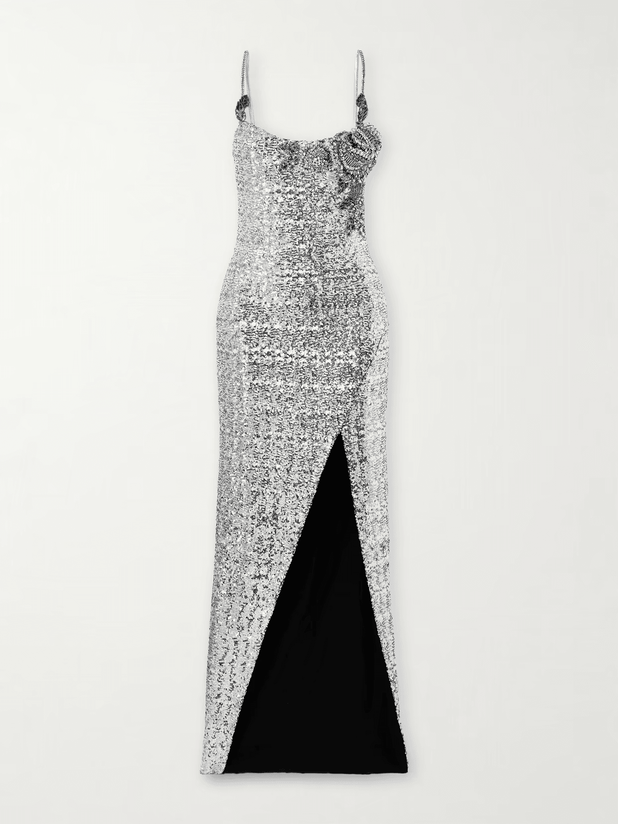 Balmain Sequined Column Gown With Rose Detail In Silver - Spring 2024