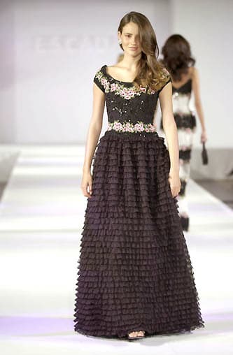Escada Sequin Embellished Gown With Lace Tiers