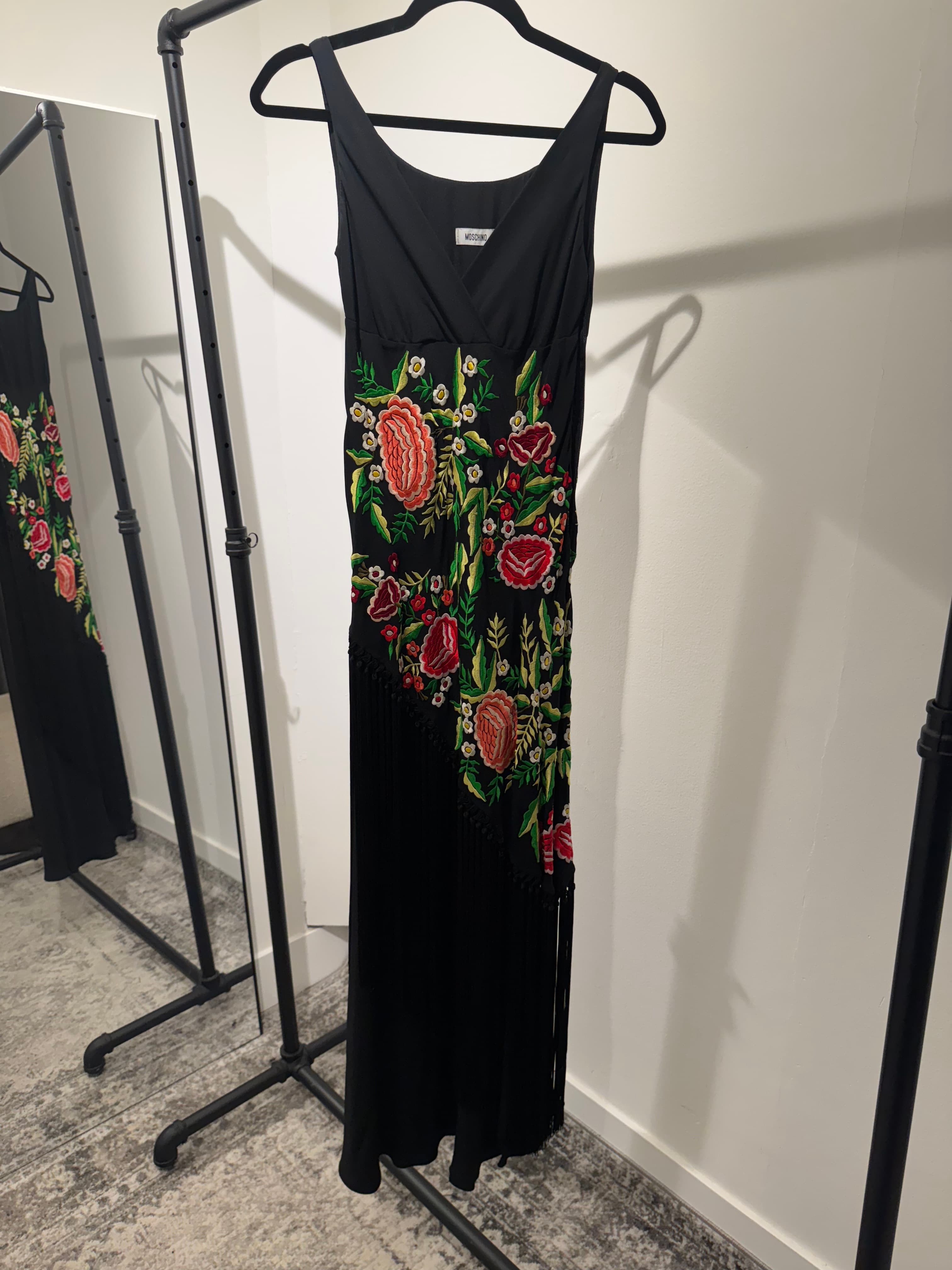 Moschino 1999 Black Embroidered Maxi Fringe Dress- Vintage