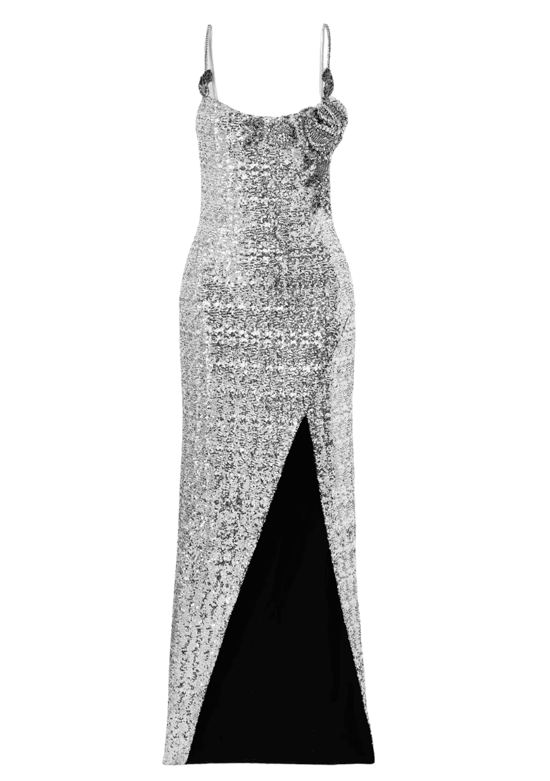 Balmain Sequined Silver Column Gown