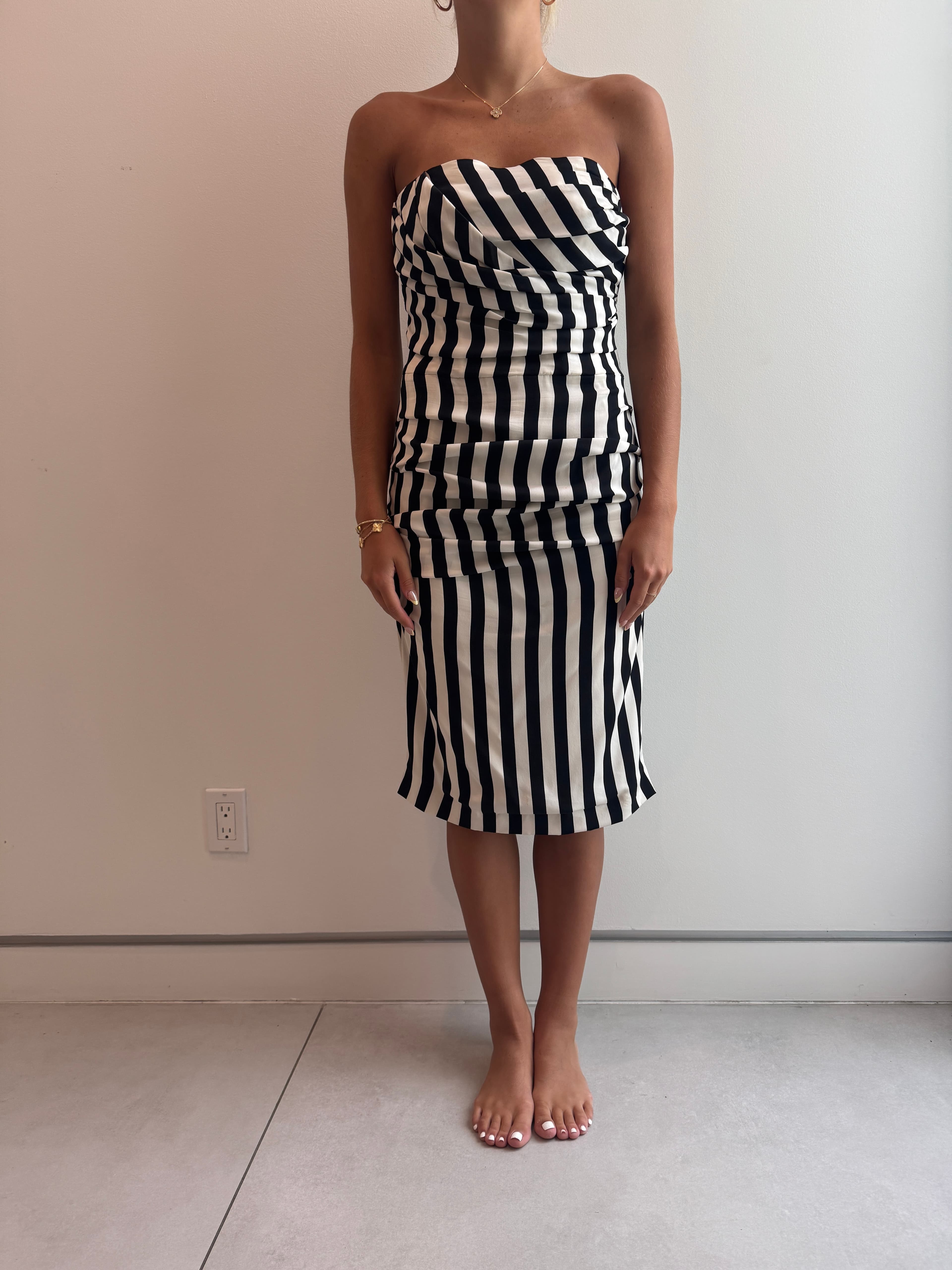 Dolce And Gabbana Black & White Striped Strapless Cocktail Dress