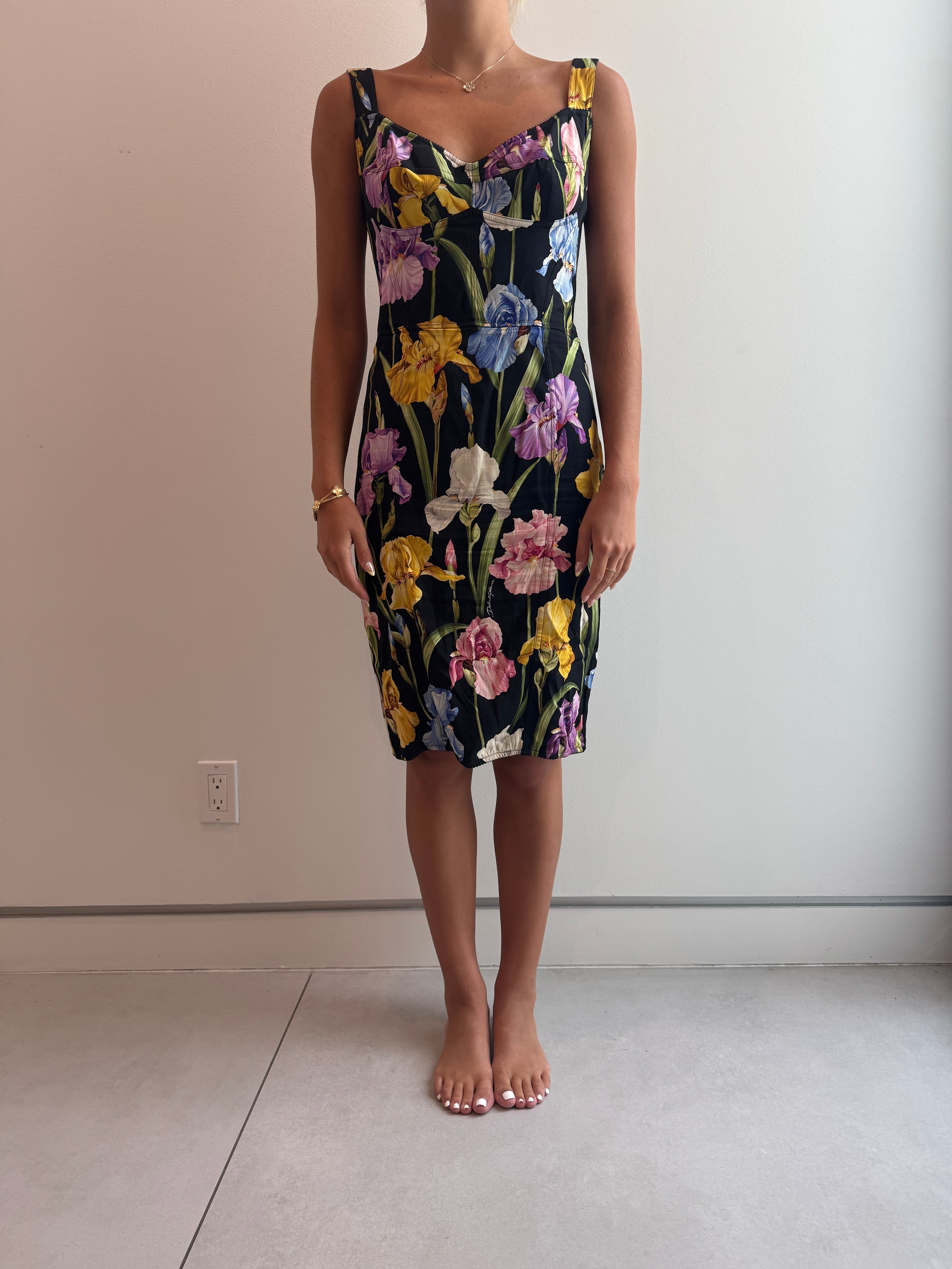 Dolce And Gabbana Black Iris Silk Stretch Bodycon Midi Dress