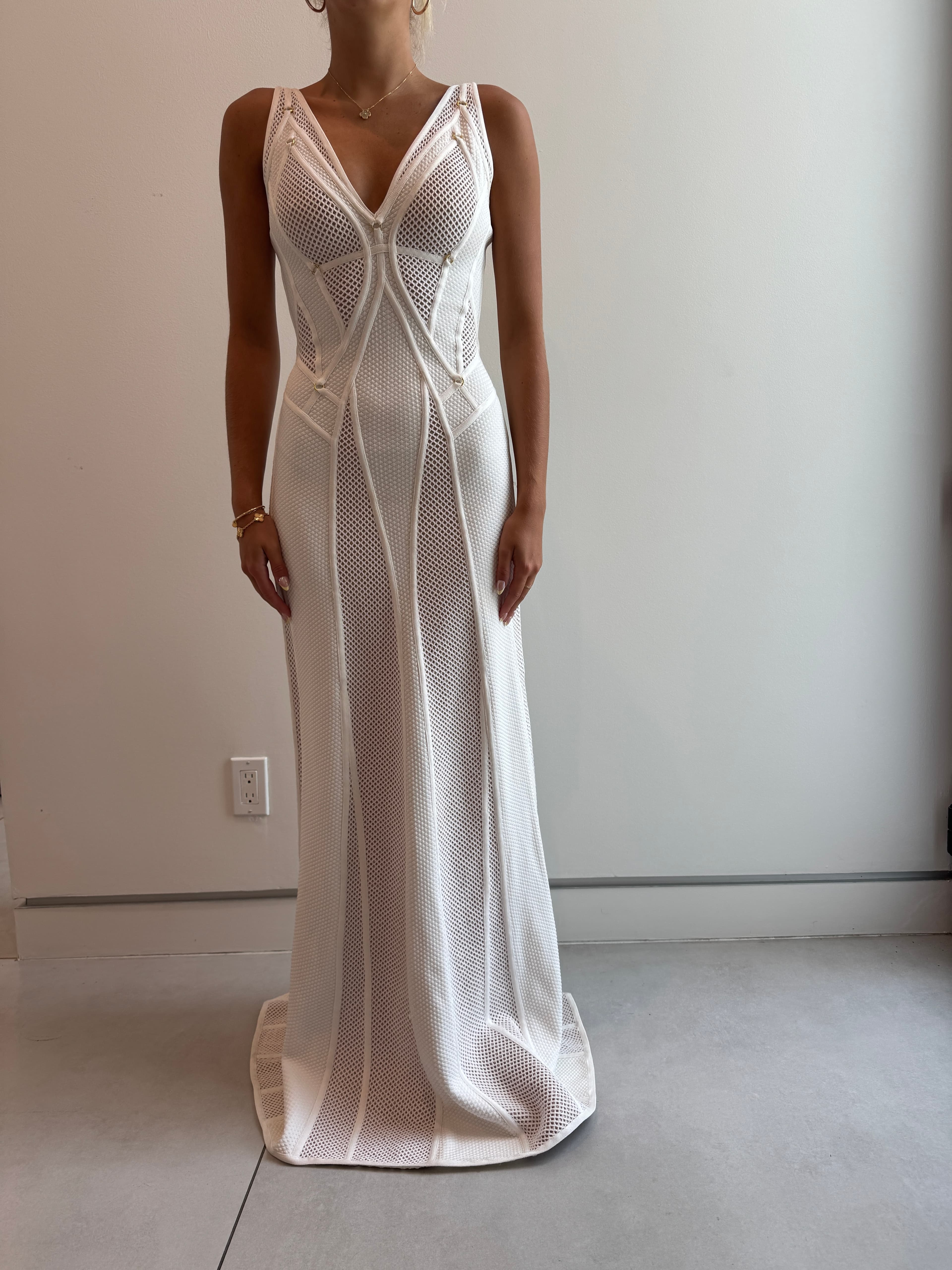 Herve Leger White V-neck Bodycon Gown With Mesh Panels