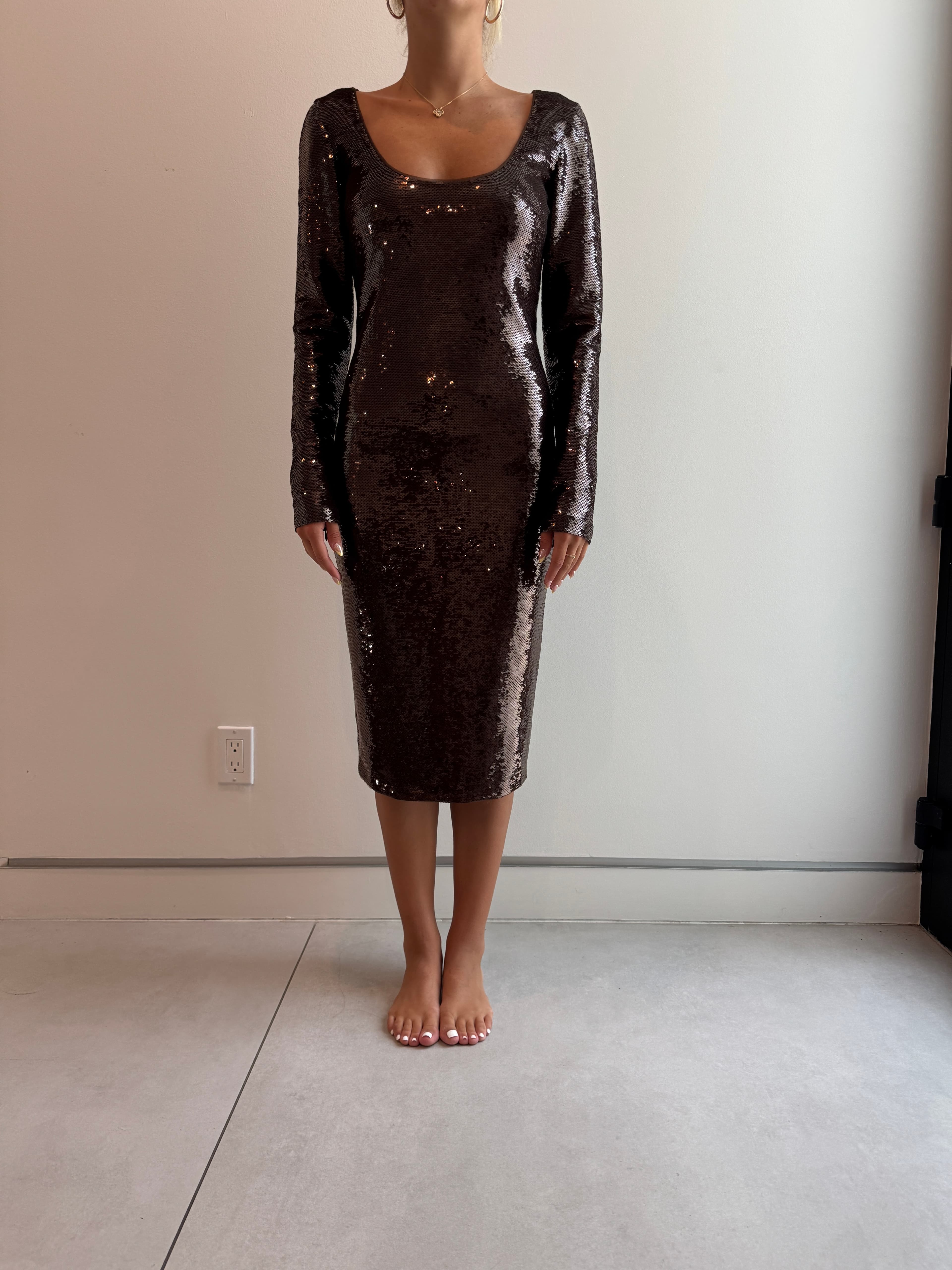 Tom Ford Brown Liquid Sequin Long-sleeve Midi Cocktail Dress