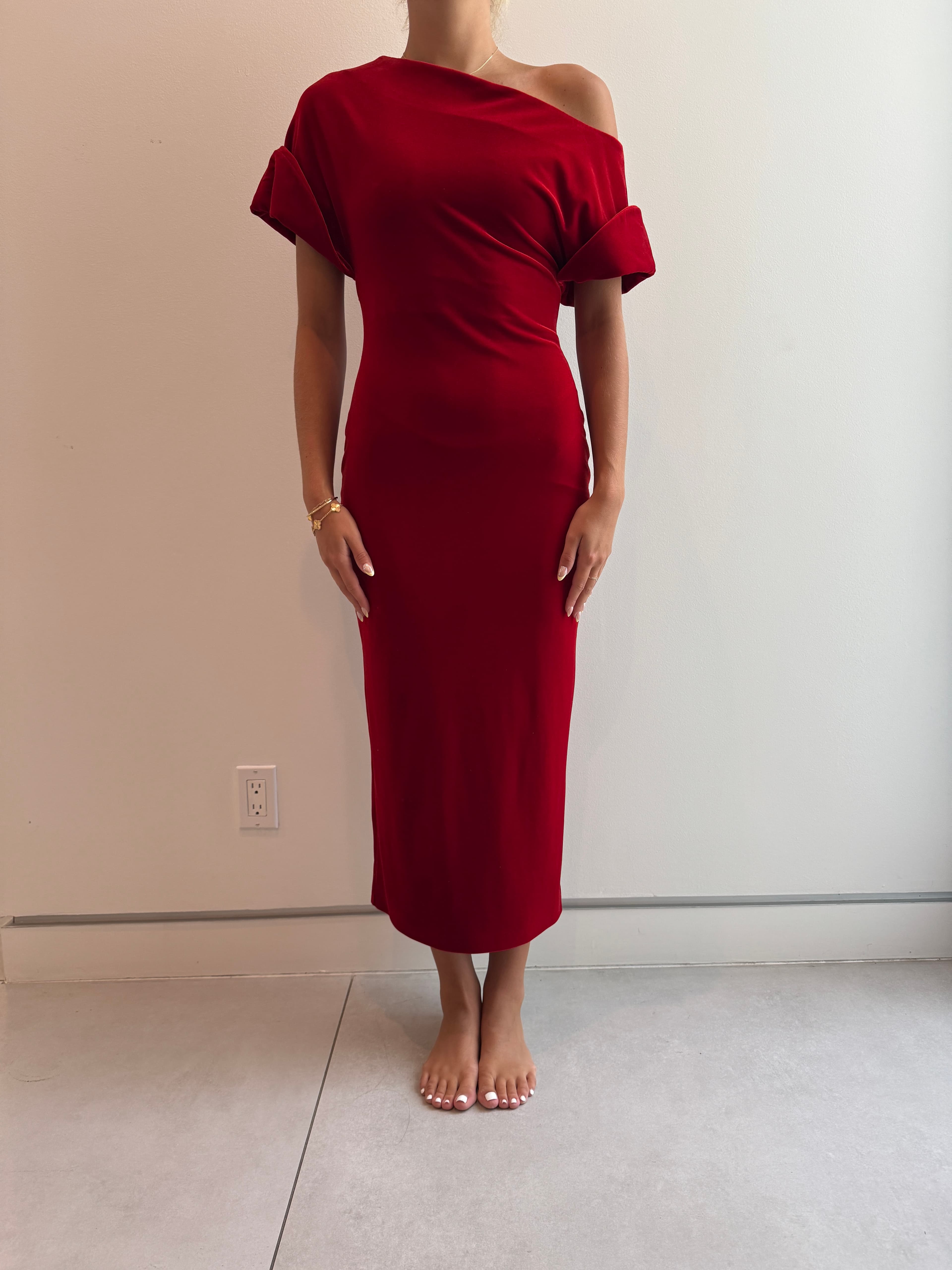 Christopher Kane Red Velvet Midi Cocktail Dress