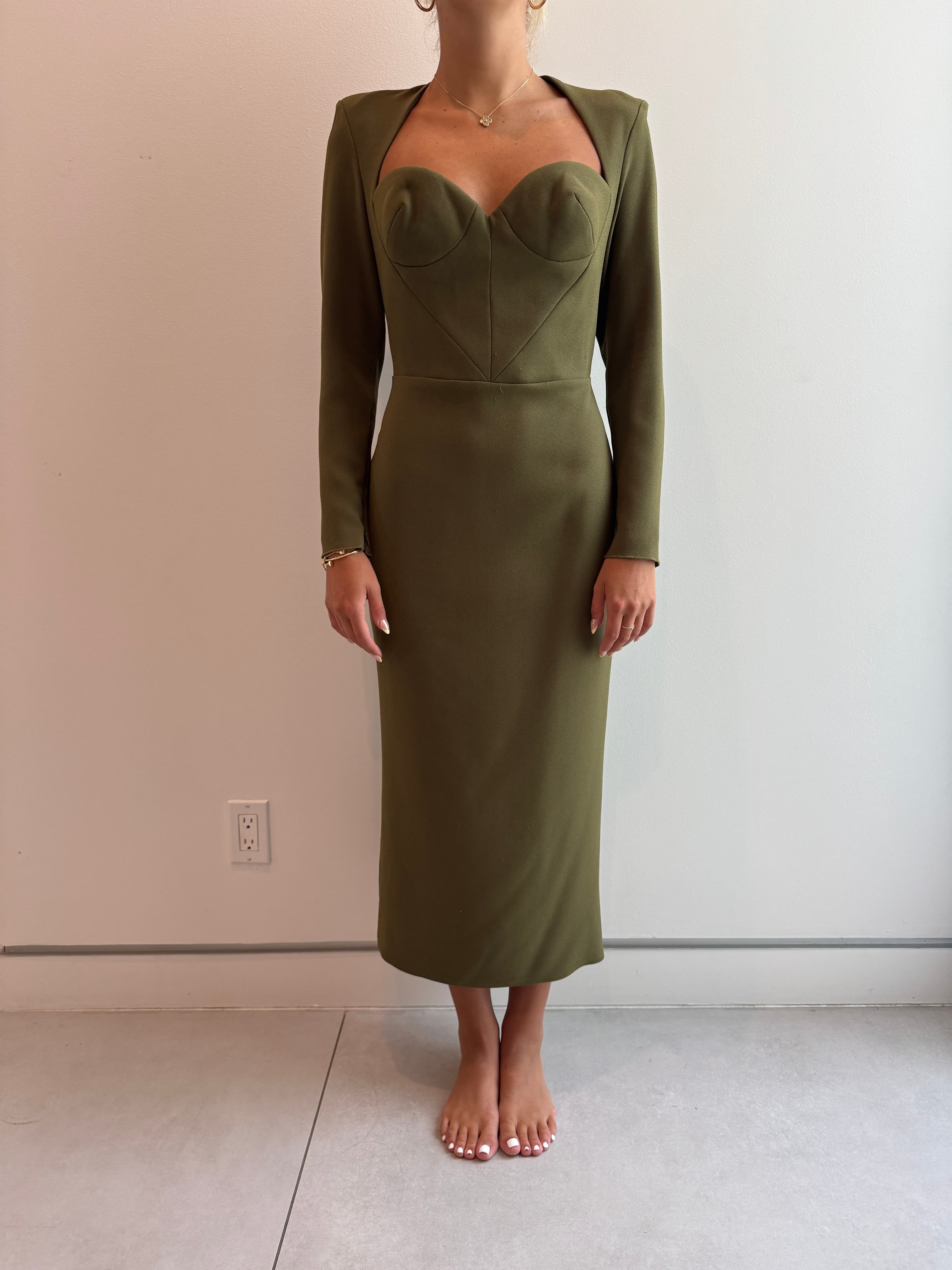 Alex Perry Ambrose Stretch Crepe Midi Cocktail Dress In Olive Green