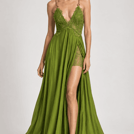 Les Bourdelles Des Garcons Green Satin Gown with Gold Chain Details — image 2