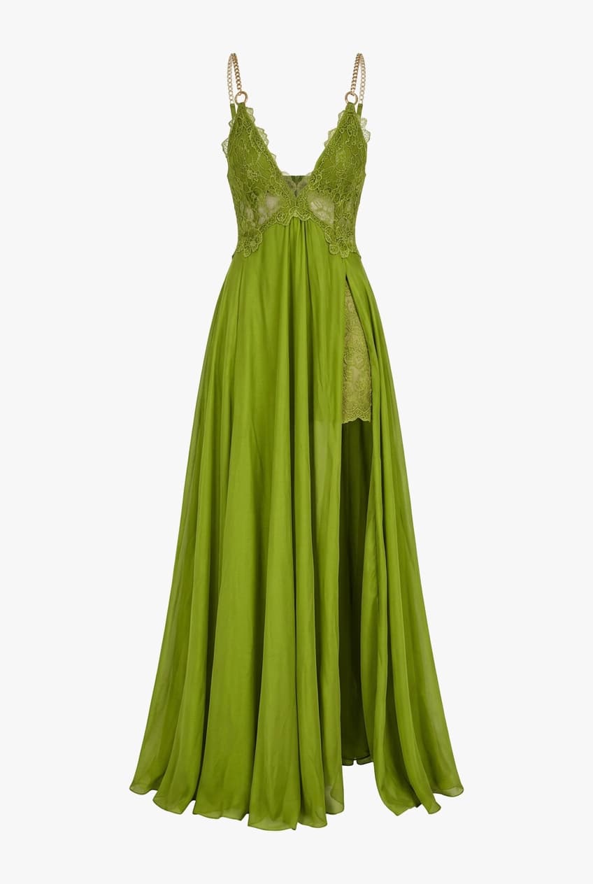 Les Bourdelles Des Garcons Green Satin Gown with Gold Chain Details