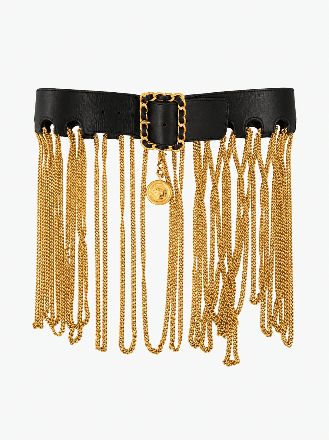 Vintage Chanel 1991 Leather and Gold Chain Belt with Coin