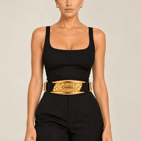 Vintage Chanel 1991 Leather Boxer Belt w/ Gold Hardware and Chain Detail — image 2