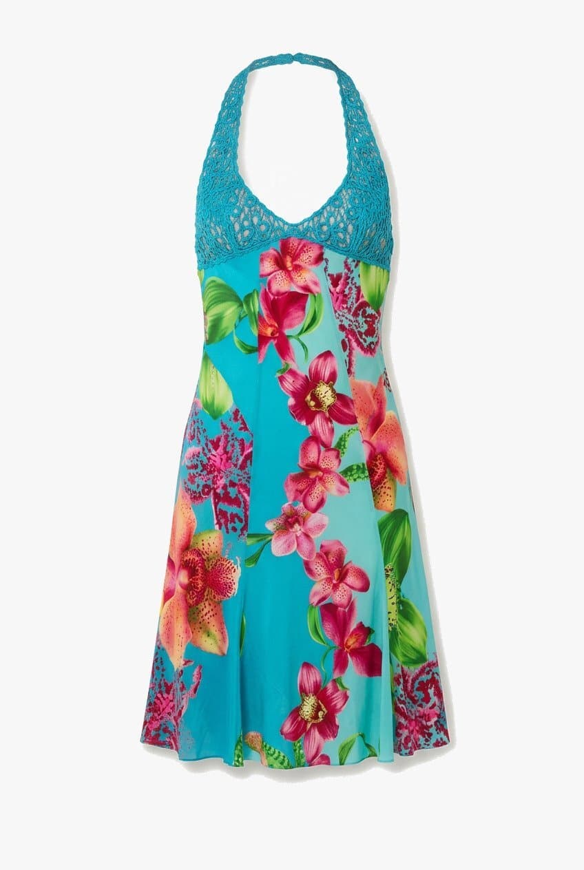 Versace Blue Silk Printed Dress with Crochet Details