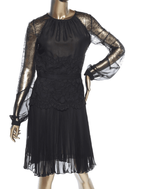 Oscar De La Renta Black Pleated Lace Dress