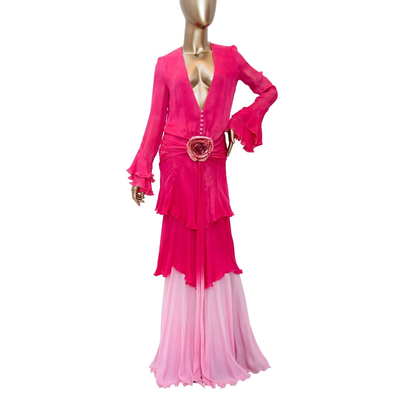 Roberto Cavalli 2004 Ruffled Silk Pink Ombre Evening Gown